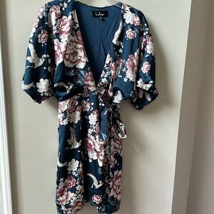 Lulus Blue Satin wrap dress with floral and bird print